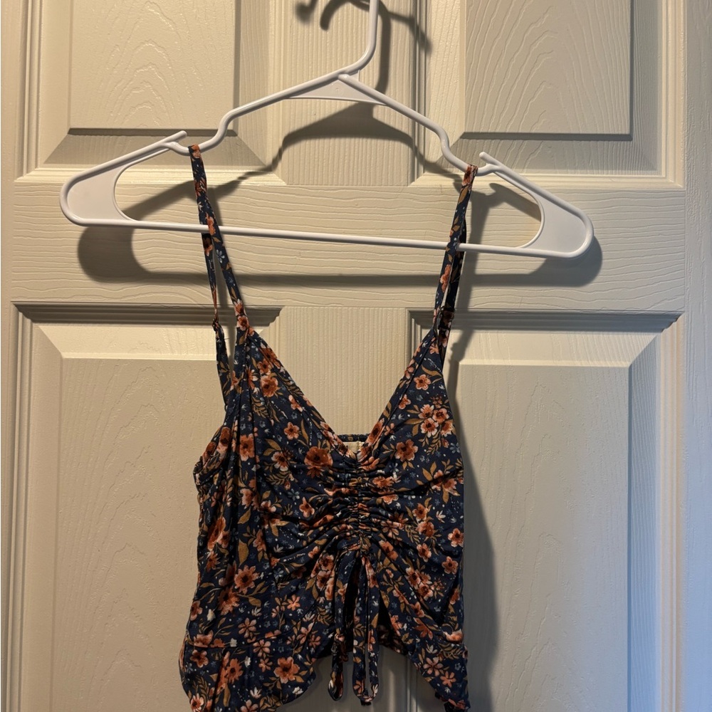 Floral Navy Blue Ruched Women's Top